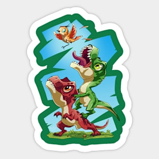 T-Rexs and little bird Sticker